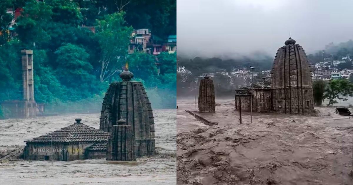 उफ़नती लहरों के बीच अडिग खड़ा है मंडी का पंचवक्त्र मंदिर, सोशल मीडिया पर वीडियो हो रहा वायरल
